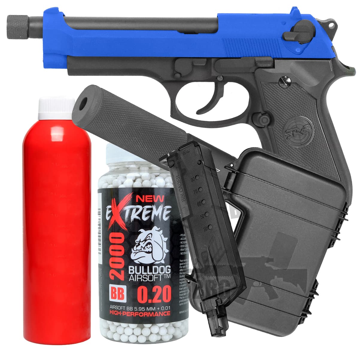 Bundle Offer SR92 X2 Gas Airsoft Pistol with Silencer Blue
