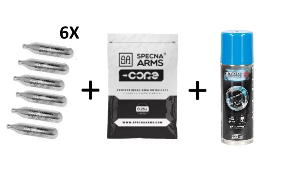 PACK 6X BOMBOLE CO2 +1000 BB + OLIO SILICONICO – UMAREX + SPECNA ARMS