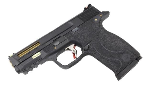 Custom M&P 9 stealth slide and gold barrel gas pistol